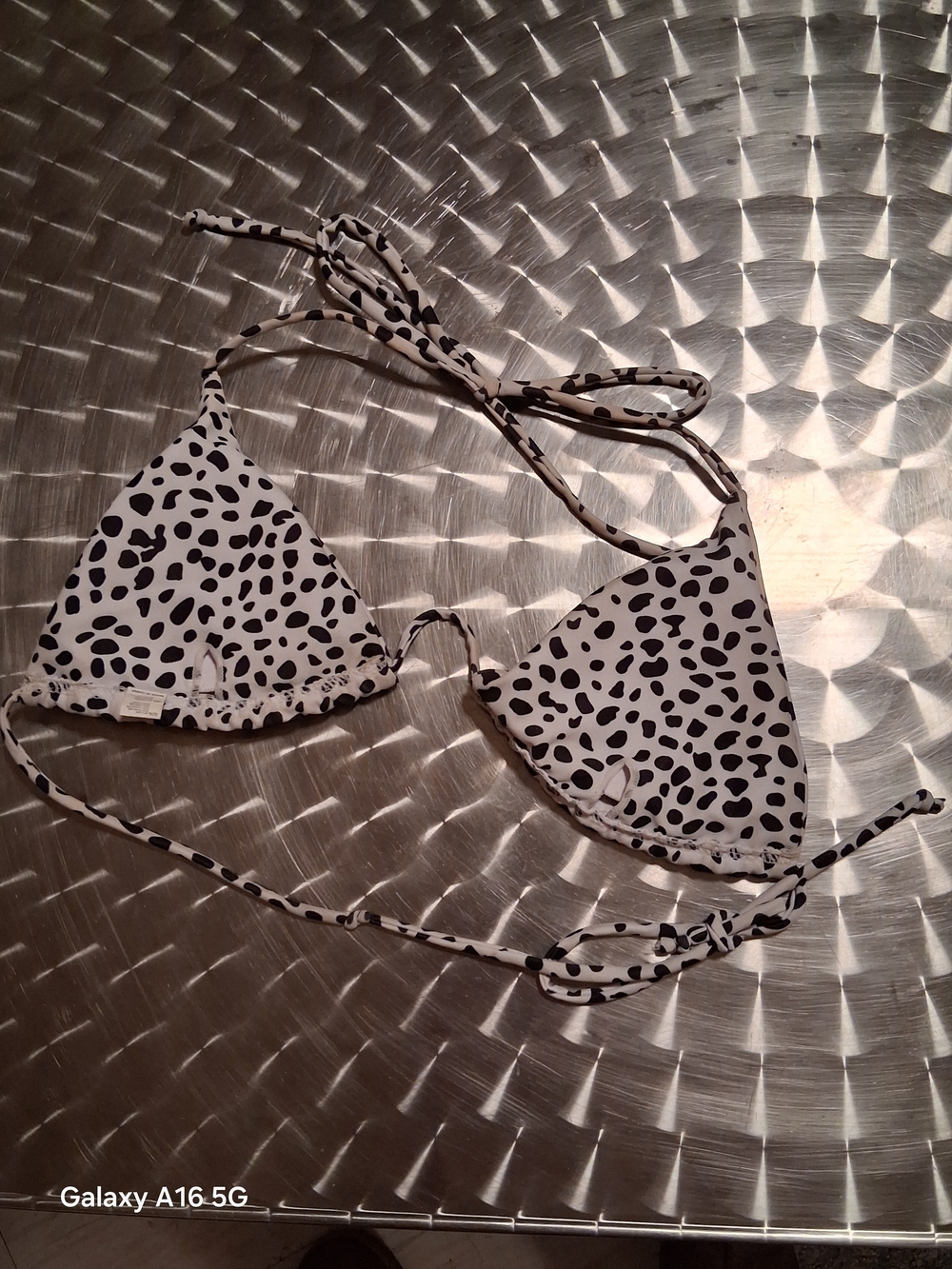 Dalmatian-Print Triangle Bikini Top in Black & White